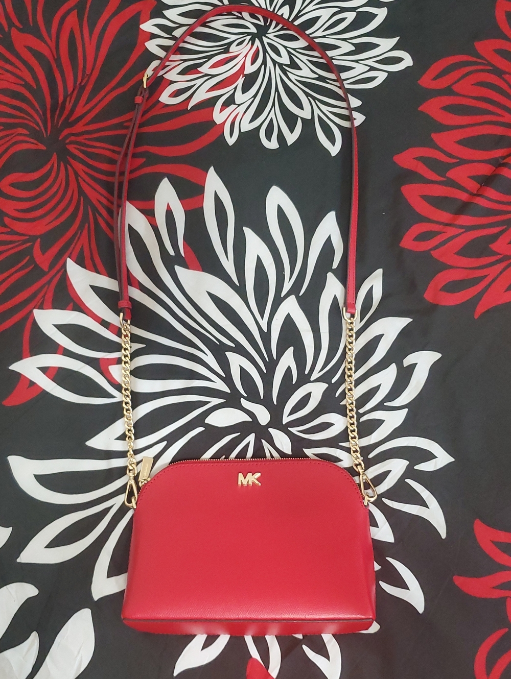 Michael Kors Red Dome Crossbody Bag with Gold MK and Chain Strap
